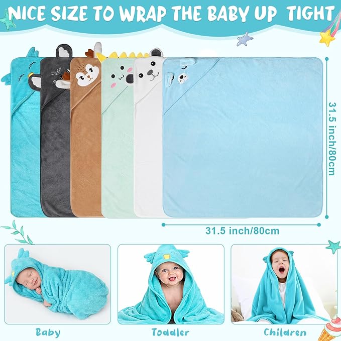 SmoothNovelty 6 Pack Baby Hooded Towels Infants and Toddlers Coral Fleece Baby Bath Towels 31.5 x 31.5 Inch Absorbent Cute Soft Newborn Bath Essentials Gifts for Boys & Girls(Multicolor,Elegant)