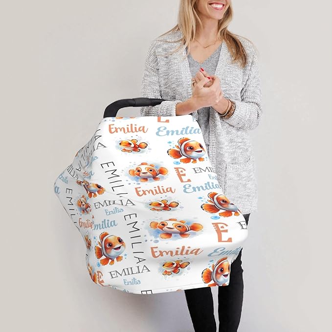 Personalized Baby Car Seat Cover with Name Stroller Canopy Custom Clownfish Carseat Cover Newborn Baby Boy Girl Nursing Cover for Moms First Birthday Gift