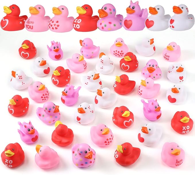 Sratte 36 Pcs Valentine Ducks Rubber Ducks in Bulk 2 Inch Mini Love Heart Assorted Pink Red White Squeaky Bath Toys for Valentines Party Favors Classroom Goodie Bag Fillers