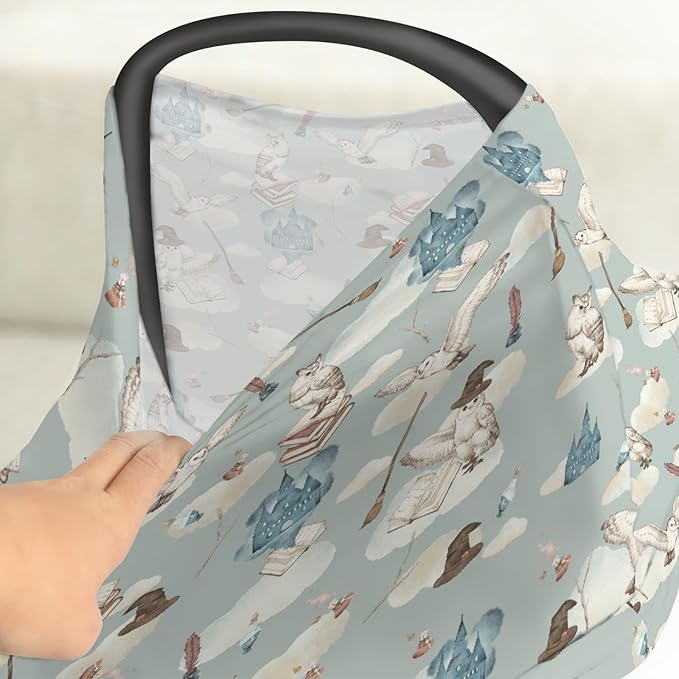 Vintage Wizard Owls Car Seat Cover for Babies Watercolor Witch Hat Books Castle Clouds Stretchy 5-in-1 Cover Adjustable Infant Carseat Canopy Cover Magics Wizard Universe Breathable Nursing Cover-Up