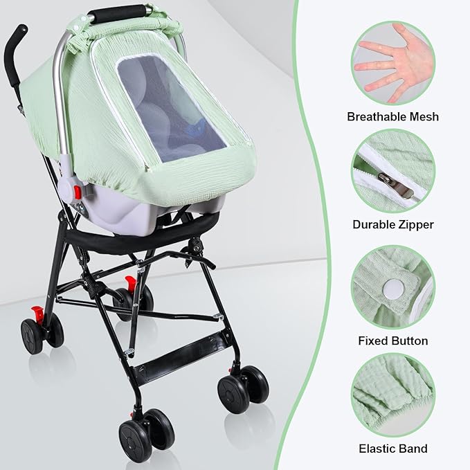 Baby Car Seat Cover for Boys Girls, Muslin Car Seat Cover for Babies with Breathable Mesh Peep Window, Lightweight Kick-Proof Infant Car Seat Canopy, Outdoor Windproof Stroller Cover (Pea Green)