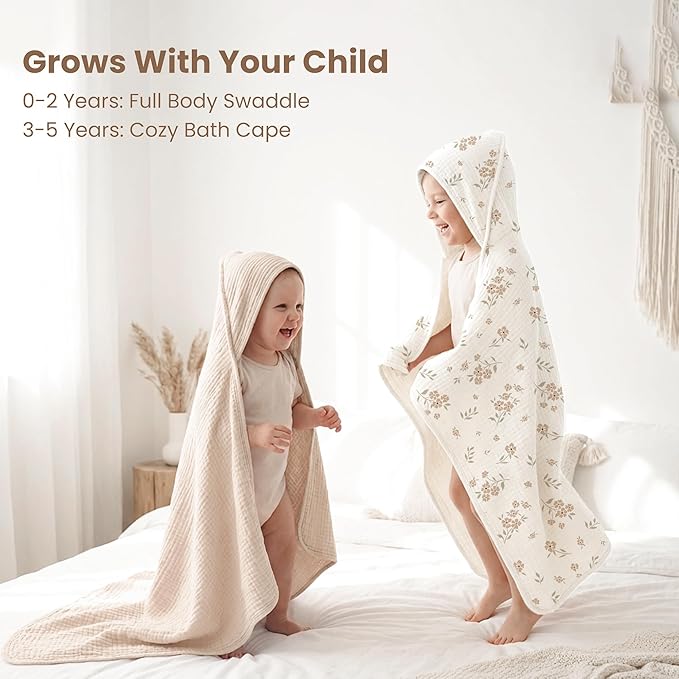 Konssy 2-Pack Muslin Hooded Baby Towels, 100% Cotton, Ultra-Soft & Absorbent Baby Bath Towels with Hood for Newborn & Infant (Cream, Blossom,32" x 32")