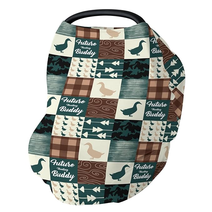 Camouflage Duck Hunting Car Seat Cover for Babies Green Mallard Ducks Plaids Stretchy 5-in-1 Cover Adjustable Car Canopy Cover Wild Ducks Nursery Breathable Nursing Cover-Up