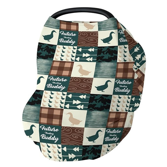 Camouflage Duck Hunting Car Seat Cover for Babies Green Mallard Ducks Plaids Stretchy 5-in-1 Cover Adjustable Car Canopy Cover Wild Ducks Nursery Breathable Nursing Cover-Up