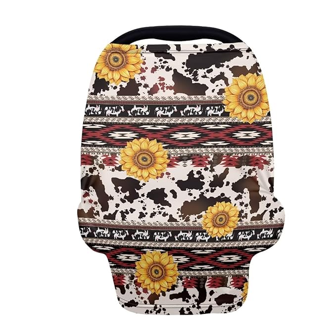 Binienty Sunflower Geometric Stretchy Car Seat Cover Canopies for Babies, Brown Cow Print Multi Use Shopping Cart/High Chair/Breastfeeding Cover