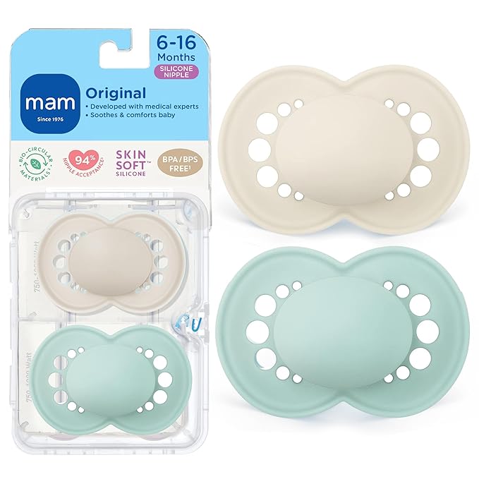 MAM Original Matte Baby Pacifiers 6-16 Months, Binky for Newborn Babies, BPA-Free Skin Soft Silicone Nipple, Easy to Clean, Developed with Medical Experts, 2 Count, With Sterilizer Case Made in Europe