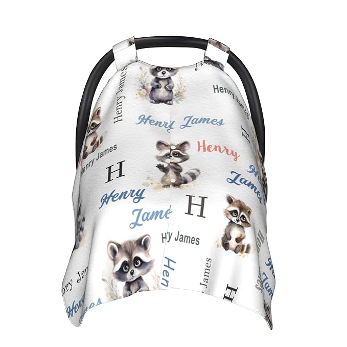 Personalized Winter Baby Car Seat Cover with Name Raccoon Winter Car Seat Cover for Baby Seat or Stroller Custom Infant Car Seat Covers Minky Blankets Nursing Cover Breastfeeding Scarf