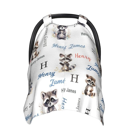 Personalized Winter Baby Car Seat Cover with Name Raccoon Winter Car Seat Cover for Baby Seat or Stroller Custom Infant Car Seat Covers Minky Blankets Nursing Cover Breastfeeding Scarf