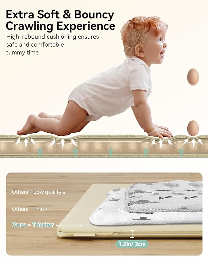 COMOMY Vegan Leather Baby Play Mats for Floor, 50 x 50 Play Mat for Playpen, Thickened High-Density Foam Playmats for Babies and Toddlers - Extra Soft and Resilient, Easy to Wipe Clean, Ivory