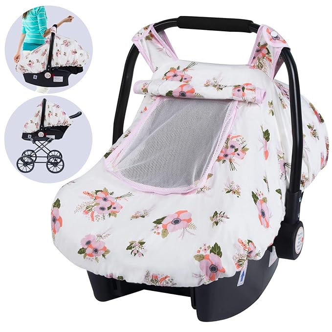 SMTTW Baby Car Seat Covers, Infant Car Canopy for Spring Summer Autumn Winter, Universal Fit, Snug Warm Breathable, Car Seat Canopy for Boys Girls (White Flower)