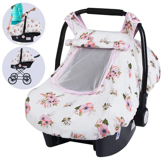 SMTTW Baby Car Seat Covers, Infant Car Canopy for Spring Summer Autumn Winter, Universal Fit, Snug Warm Breathable, Car Seat Canopy for Boys Girls (White Flower)