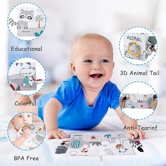 Vicloon Cloth Books, 3D Touch and Feel High Contrast Cloth Book, Baby Books Toys for Baby 0-12 Months, Soft Sensory Crinkle Book for Infants Toddler, Newborns Shower (Lion)