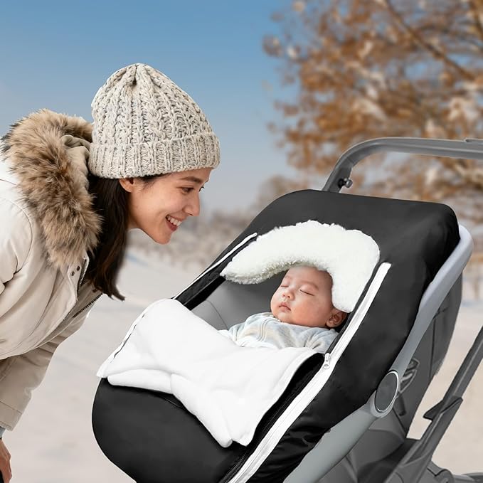 Car Seat Cover Baby Winter, Waterproof Carseat Covers Newborn Boy, Windproof Infant Car Seat Cover Warm & Breathable Use Universal Black