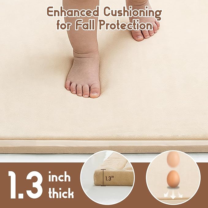 Baby Play Mat for Floor, 1.3 Inch Thick Memory Foam Tummy Time Mat with Non Slip Backing, Soft Coral Velvet 59X79 Inch Playpen Mat Crawling Tatami for Infants Toddlers Kids, Beige