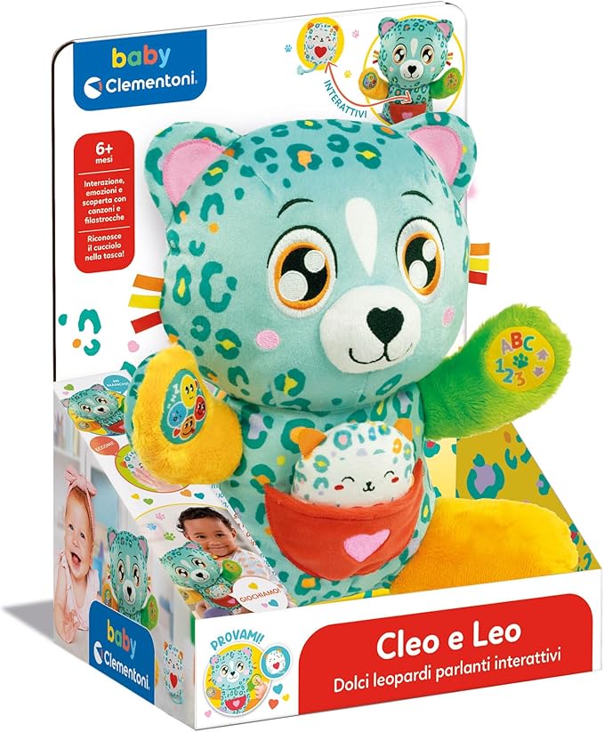 Clementoni Baby Cleo and Leo, Interactive Speaking Plush Animal with Small Puppy for Children from 6 Months and Above Activity Centre to Promote Emotional, Sensory and Cognitive