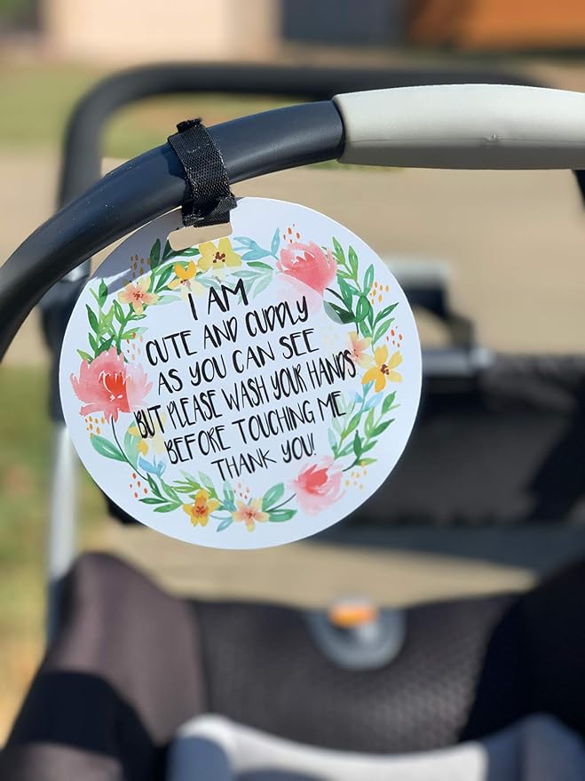 Three Little Tots Two Pack - Cute Flower Themed No Touching Baby Car Seat and Stroller Signs - CPSIA Safety Tested