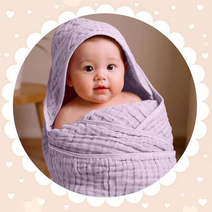 Peryiter 4 Pcs Muslin Hooded Baby Towels 32 x 32 Inch Cotton Newborn Bath Essentials Muslin Infant Blankets Absorbent Registry Gifts for Girl Boy Kids Baby Shower (Purple Series)