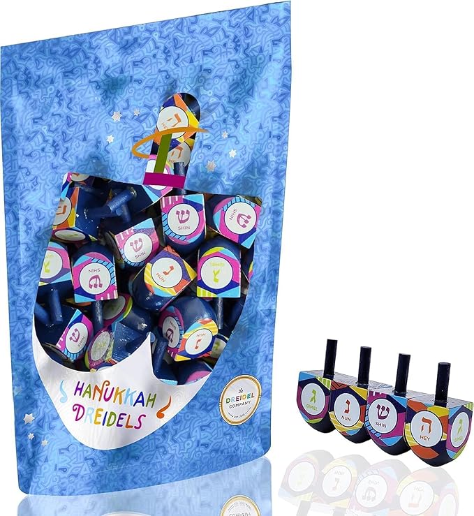 The Dreidel Company 25 Multi Colored Hand Painted Wooden Dreidels, The Hanukkah Game Includes a Dreidel Game Instructions, Let's Play Dreidel (25-Pack)