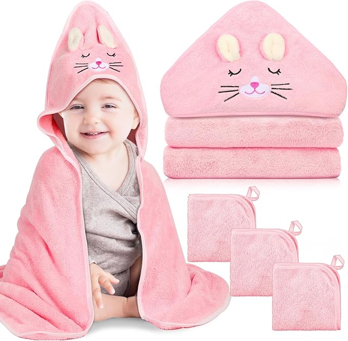 Sublaga 4 PCS Hooded Baby Towels, Absorbent Baby Bath Towel, Soft Baby Towels and 3 PCS Baby Washcloths for Newborns, Toddlers, and Kids, 32x32 in Baby Towel with Hood for Boy and Girl (Pink Kittens)