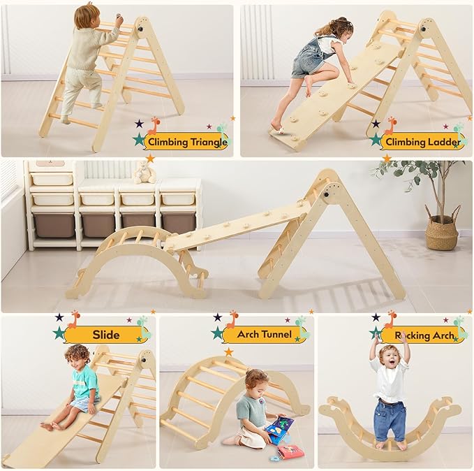 Wooden Pikler Triangle Set - 7 in 1 Montessori Foldable Toddler Climbing Toys for Early Learning - Includes Arch, Ramp, and Climbing Triangle - Indoor/Outdoor Playground Equipment for Toddlers