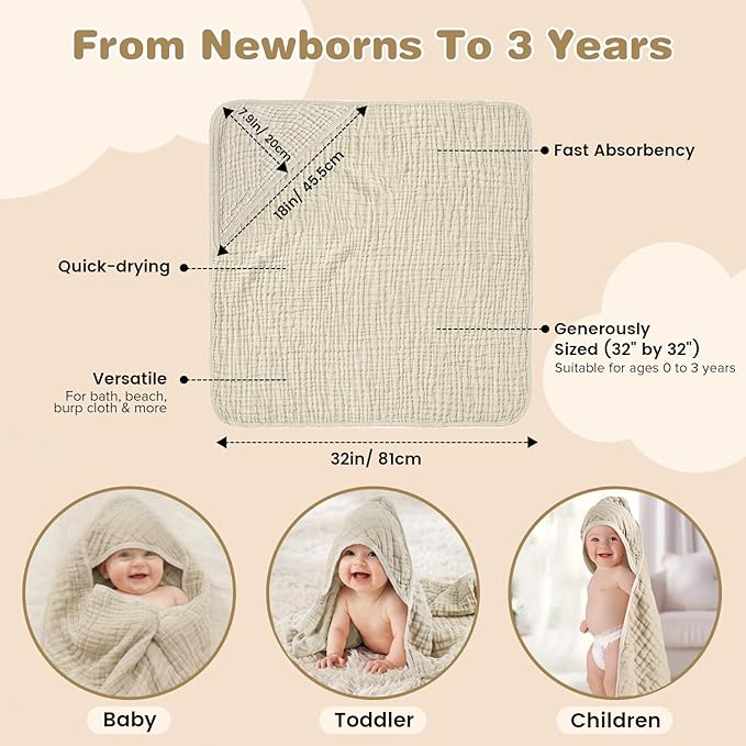 Hooded Baby Bath Towels for Newborn, 2 Pack - 6-Layer 100% Muslin Cotton, Soft Absorbent Baby Towels with Hood for Babies, Infants & Toddlers, Large 32x32 Inch Unisex Newborn Baby Bath Essentials