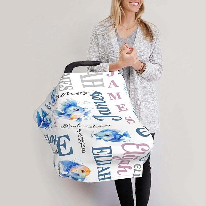 Personalized Baby Car Seat Cover with Name Stroller Canopy Custom Angelfish Carseat Cover Newborn Baby Boy Girl Nursing Cover for Moms First Birthday Gift