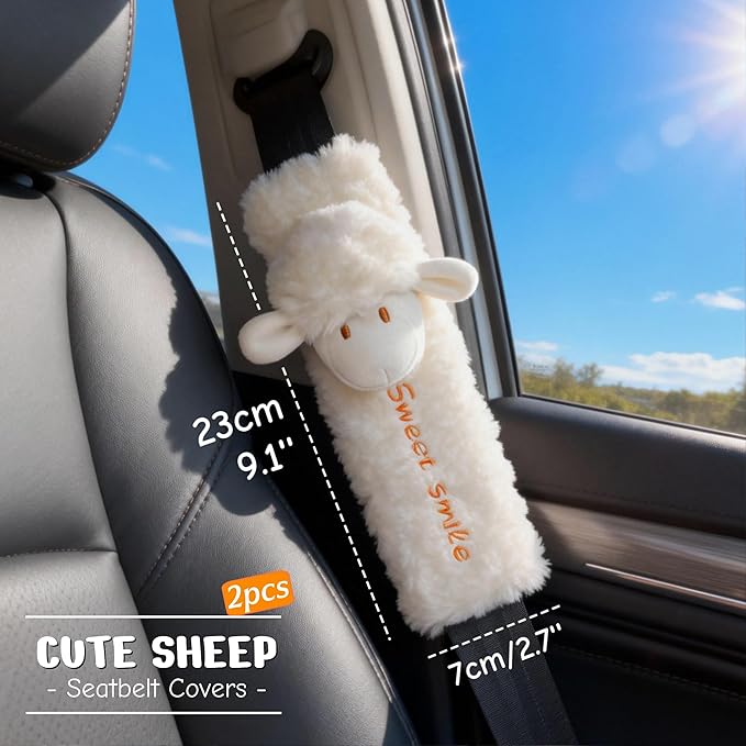 2 PCS Seat Belt Cover Pad, Cute Kawaii Animal Sheep Seatbelt Covers for Kids and Adults, Winter Plush Fluffy Soft Seat Belt Cover, Cartoon Seatbelt Cushion,Car Seat Strap Pads (G-Sheep)