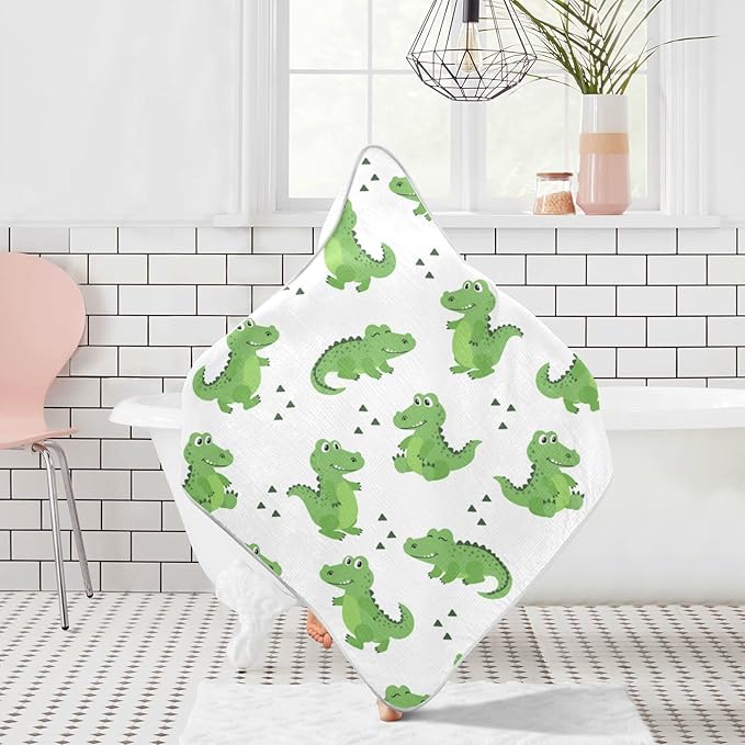 Pigsaly Cartoon Alligators Hooded Baby Towel Green Crocodiles Baby Bath Towel Unisex Soft Organic Cotton Washcloths Toddlers Shower Gifts for Boys Girls Newborn 30 x 30 in
