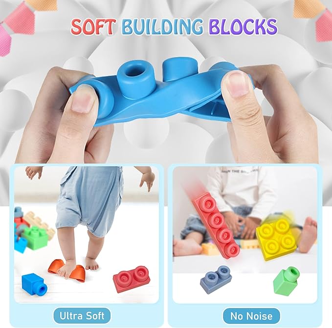 80PCS Baby Building Blocks Set with Storage Bucket, Blocks for Babies 6 Months and Up STEM Educational Toddler Gifts, Rubber Soft Blocks Big Building Blocks Sensory Stacking Toys