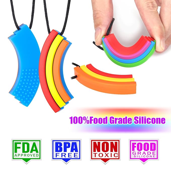 Chewy Necklace Sensory, Seeway Rainbow Bridge Chew Necklaces for Sensory Kids, Sore Gums Pain Relief, Silicone Chewy Oral Motor for Autism, Chewing, Anxiety, Biting Needs
