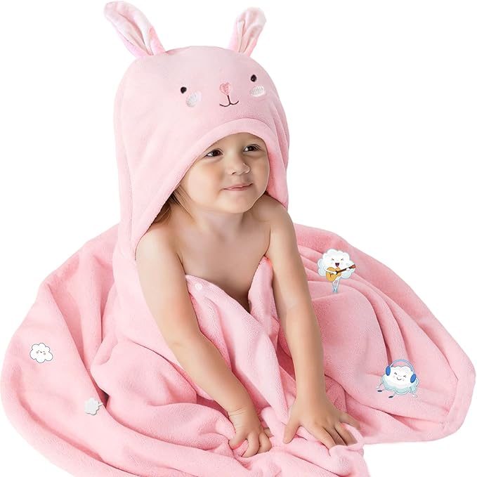 Toddler Baby Bath Towel with Hood 27.5"X55" Ultra Absorbent Soft Cozy Comfort Bathrobe Blanket, 0-6 Years Infant Shower Towel for Girls & Boys(Rainbow Pink)