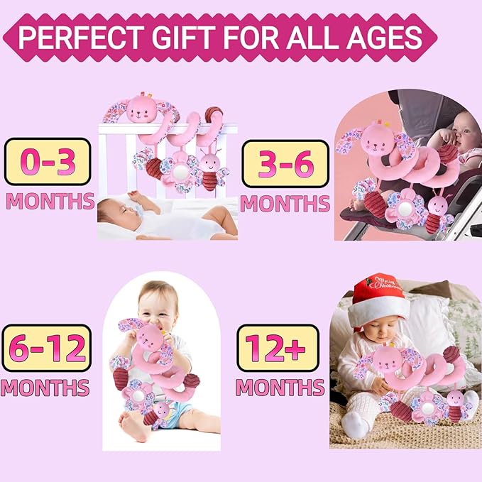 Spiral Car Seat Toy for Babies 0-6-12 Months Girl, Stroller Hanging Baby Toys 0-3-4-5-7-9 Month Old Newborn Infant Rabbit Gift Travel Carseat Mirror Crinkle Plush Bunny Easter Basket Stuffers