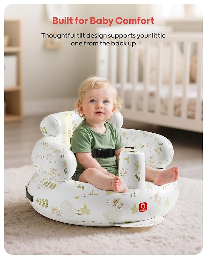 QPAU Inflatable Baby Seat with Safety Harness for Babies 3 Months & Up, Baby Floor Seats for Active Play, Blow Up Baby Chair with Built in Air Pump (Flowers)