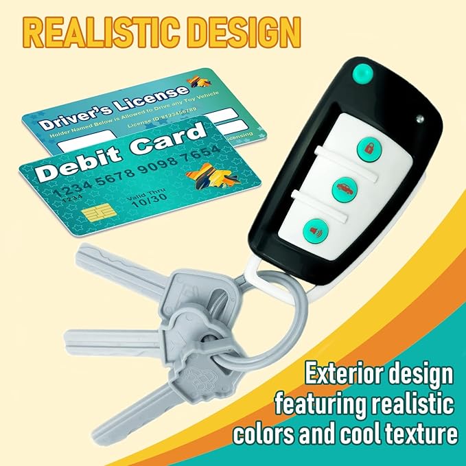 Remote Car Key Toy with Light and Sounds, Car Key Playset, Pretend Play Keys with Cards for Boys and Girls, Travel Toys for Toddlers, Babies