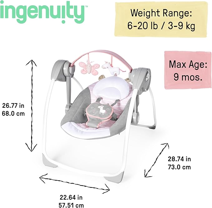 Ingenuity Comfort 2 Go Compact Portable 6-Speed Cushioned Baby Swing with Music, Folds Easy, 0-9 Months 6-20 lbs (Pink Flora the Unicorn)