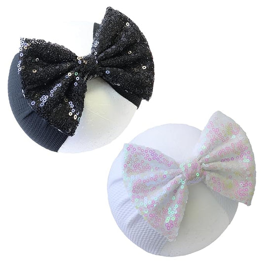Black Sequin Bow Baby Headbands, White Big Bows for Baby Girls Hair Bow Baby Girl Elastic Wide Hairbands for Baby Girls Newborn and Infant Hair Accessories Unisex-Babies Gift