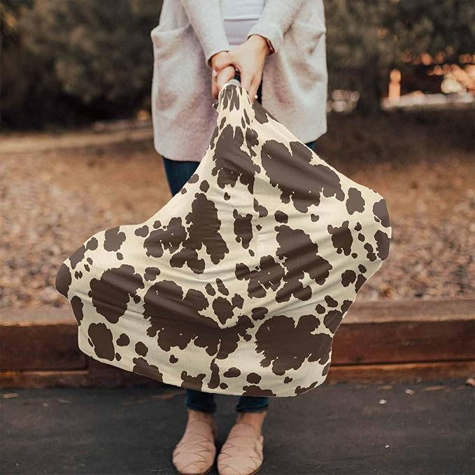 Baby Nursing Covers for Breastfeeding, Baby Car Seat Canopy Covers Scarf for Boys Girls, Brown Cowhide Canopy, Stretchy Soft Breathable Poncho Infant Stroller Cover, Cow Skin Print