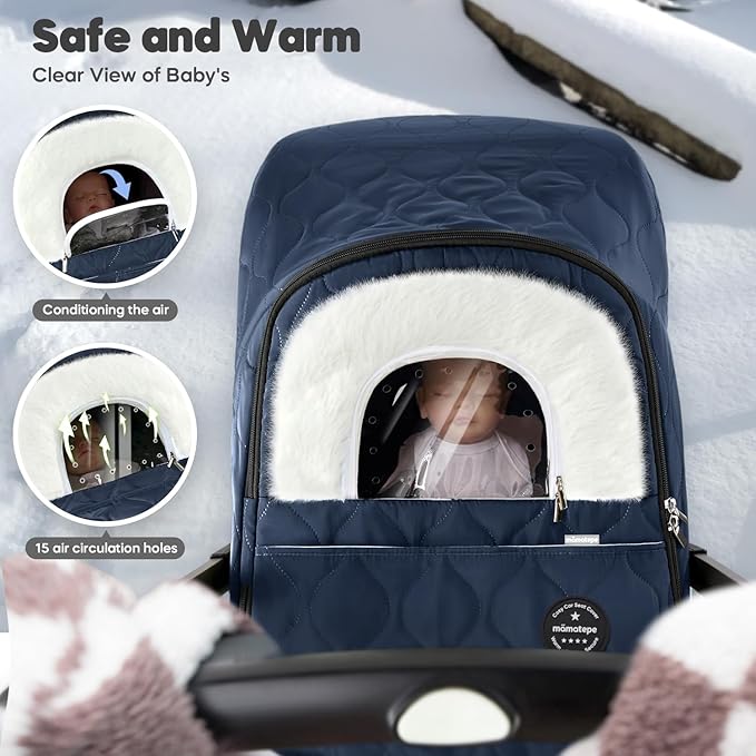 Winter Baby Car Seat Cover, Waterproof, Windproof Warm Winter Car Seat Cover for Doona Car Seats and Strollers,Fleece Breathable Car Seat Cover Baby with Full Zipper, Navy