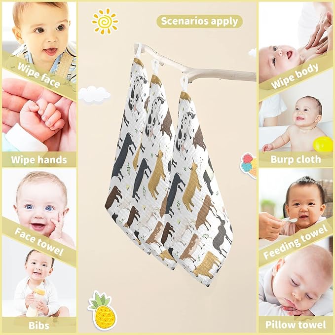 Baby Washcloths Cotton Bulls Cows Cattle Baby Muslin Washcloths Soft Baby Face Towel for Newborn Infants Baby Wipes, 11.8 X 11.8 Inch, 5 Pack White