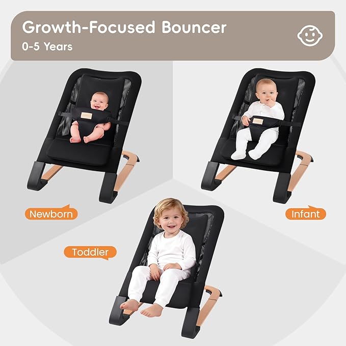 Baby Bouncer for Newborns 0-12 Months: 0-5 Years Portable Infant boy Bouncer Seat Chair in Black with Adjustable Recline & 3-Point Harness, Supports Up to 60 lbs