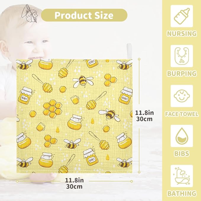 Baby Washcloths Cotton Flying Bees Honey Baby Muslin Washcloths Soft Baby Face Towel for Newborn Infants Baby Wipes, 11.8 X 11.8 Inch, 3 Pack Yellow