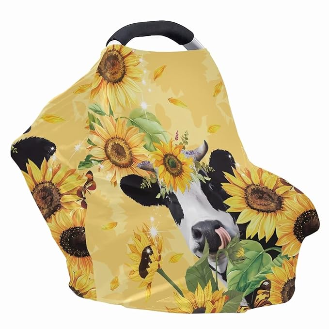 LedBack Highland Cow Baby Car Seat Cover Cow Car Seat Covers for Babies Sunflower Baby Stuff Nursing Cover Breastfeeding Cover,Soft Breathable Baby Carseat Canopy