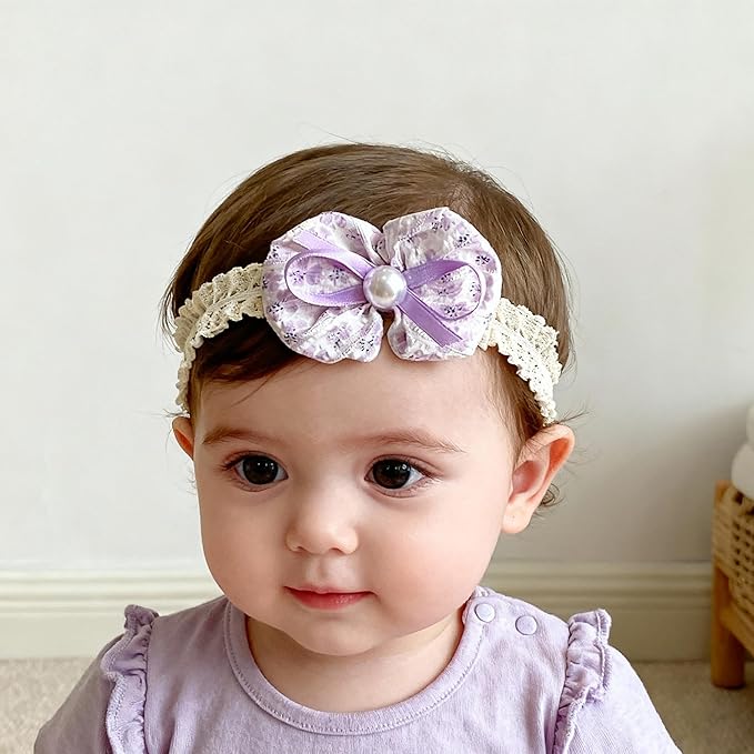 Baby Girls Hairbands Bow Lace Headband Handmade Soft Stretchy Pink Bowknot Hairbands Newborn Hairband with Bows Elastic Hair Bands for Kids Infant(Purple Pearl Bow