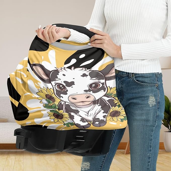 Wanyint Sunflower and Cute Cow Print Car Seat Covers for Babies,Nursing Breastfeeding Cover Infant Carseat Canopy Cover,Stretchy Nursing Cover for Baby