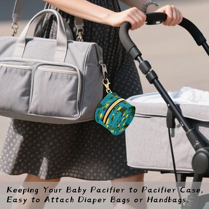 Pacifier Holder with Clip Pacifier Case for Diaper Bag Round Baby Pacifier Pouch Box Bag Portable Teal Lemons