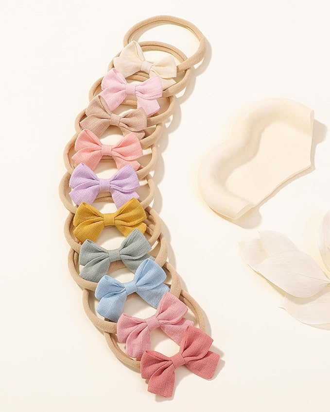 jollybows 20pcs Baby Girl Bow Headbands Newborn Nylon Hairband 2" Neutral Linen Infant Hair Bows