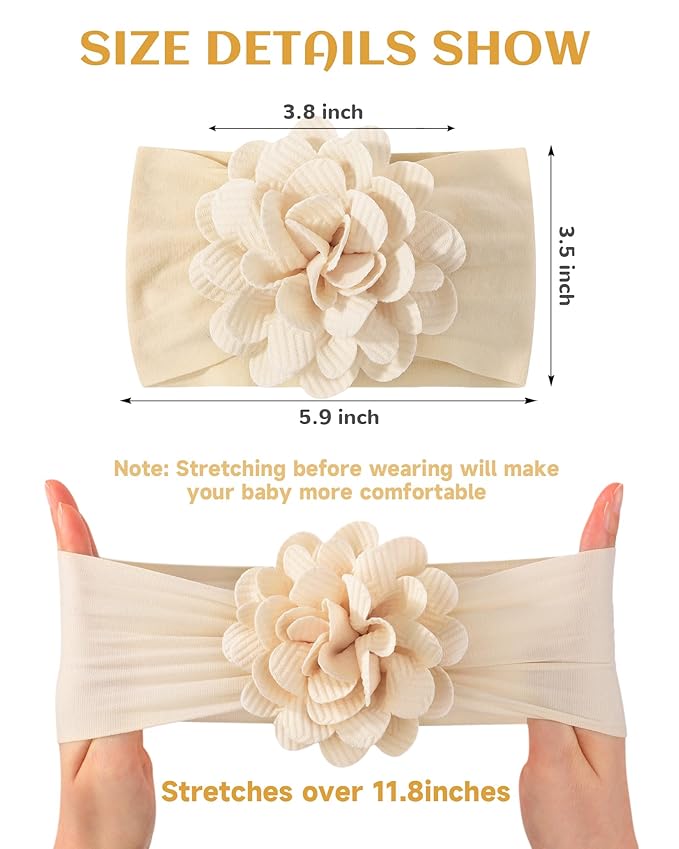 jollybows 6pcs Baby Girls Flower Hair Headbands Nylon Hair Bands Elastic Hair Accessories for Newborn Kids Infants Toddlers Light Color