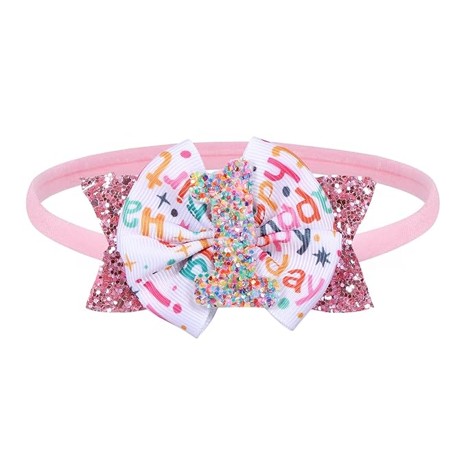 Glitter Pink Birthday Bow Headband for Women Her First Happy Birthday Gift Cute 1st Sprinkle Confetti Ice Cream Party Dress Decorations Accessories
