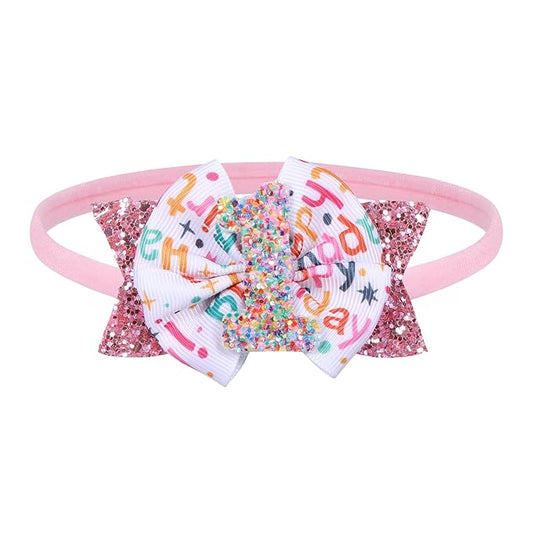 Glitter Pink Birthday Bow Headband for Women Her First Happy Birthday Gift Cute 1st Sprinkle Confetti Ice Cream Party Dress Decorations Accessories