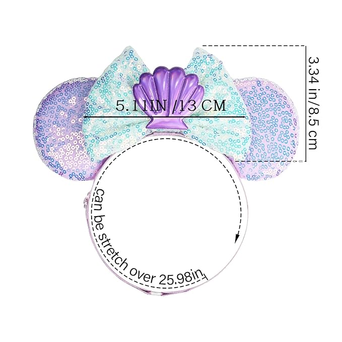 Adjustable Mermaid Mouse Ears Hair Bow Headband, Elastic Hairband Party Headwear for Baby Girls Infant Toddlers